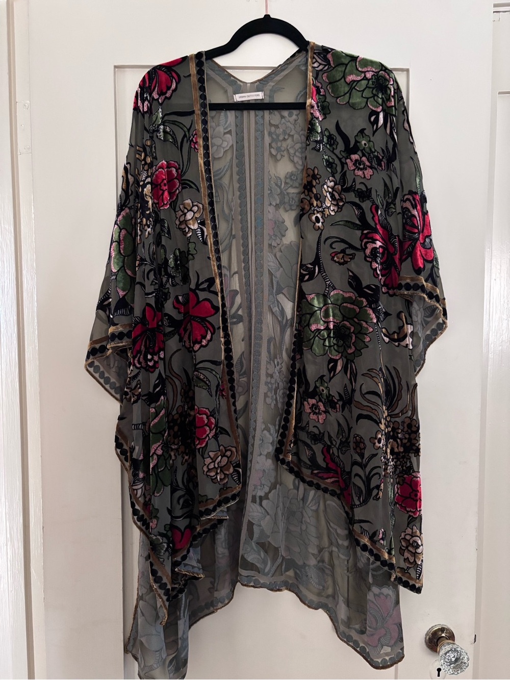 Urban Outfitters Sheer Floral Kimono in Gray with Pink & Green Embroidery